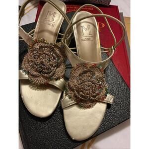 M By Marinella Gold Wedge Sandal Crocheted Ribbon Flower Bead Accents Sz 6M